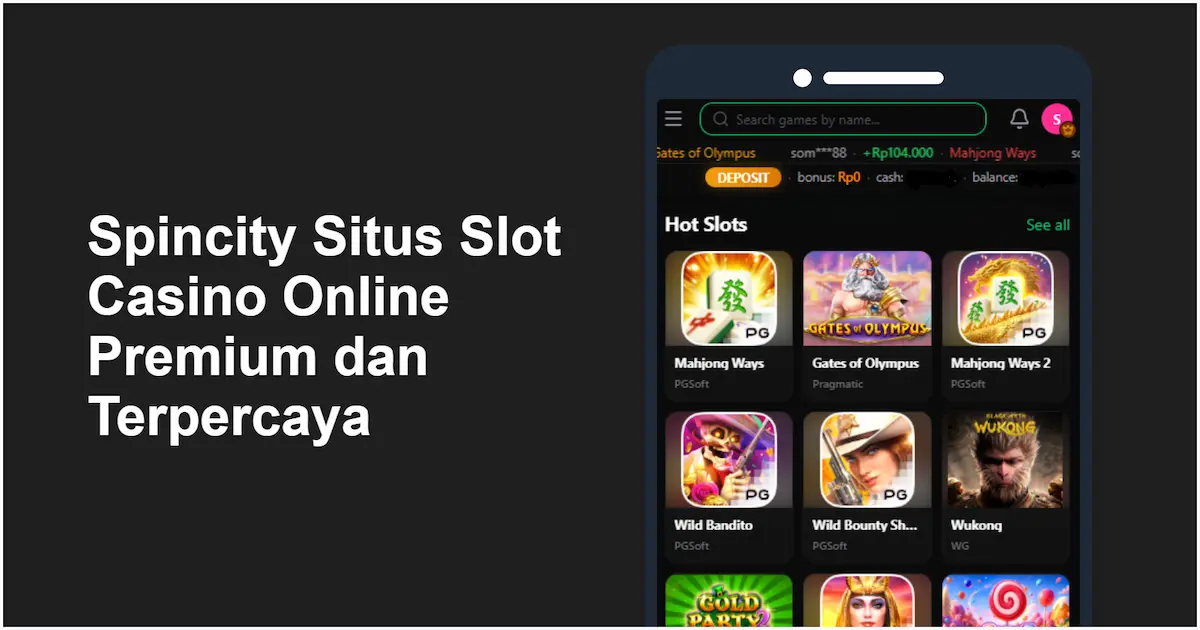 Tampilan brand Spincity situs slot casino online dengan tombol daftar dan login